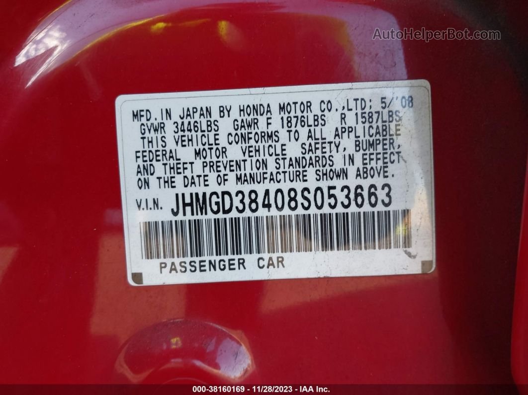 2008 Honda Fit Red vin: JHMGD38408S053663