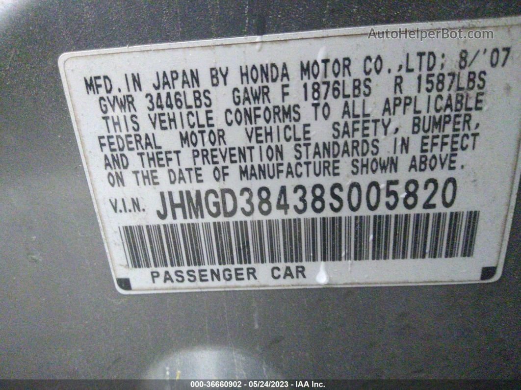 2008 Honda Fit   Gray vin: JHMGD38438S005820