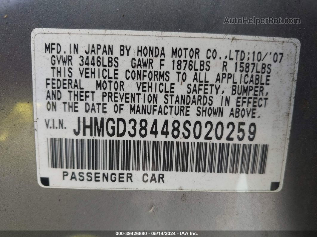 2008 Honda Fit   Silver vin: JHMGD38448S020259