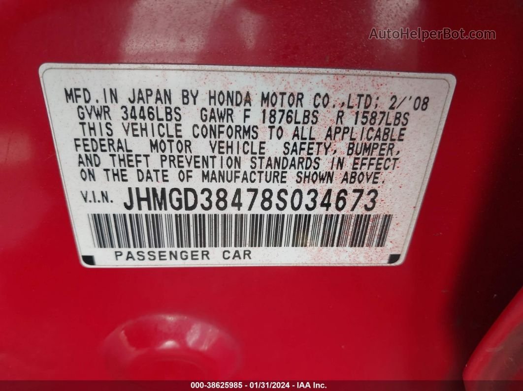 2008 Honda Fit   Red vin: JHMGD38478S034673