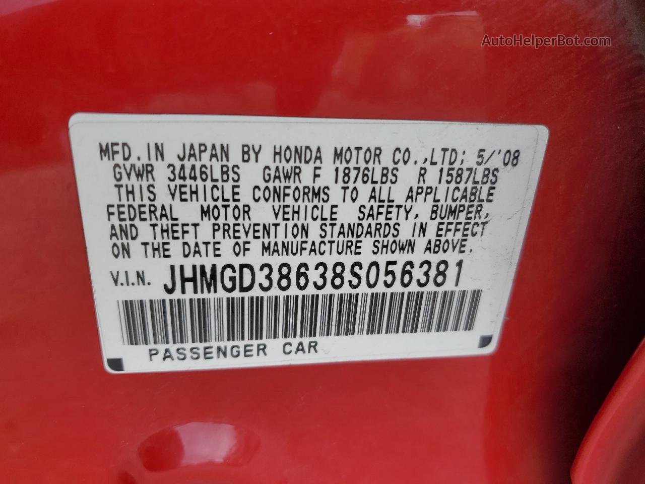 2008 Honda Fit Sport Red vin: JHMGD38638S056381