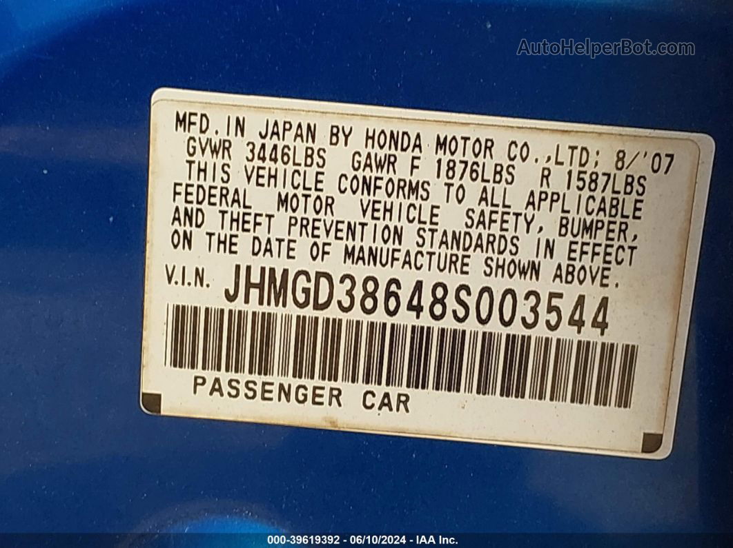 2008 Honda Fit Sport Blue vin: JHMGD38648S003544