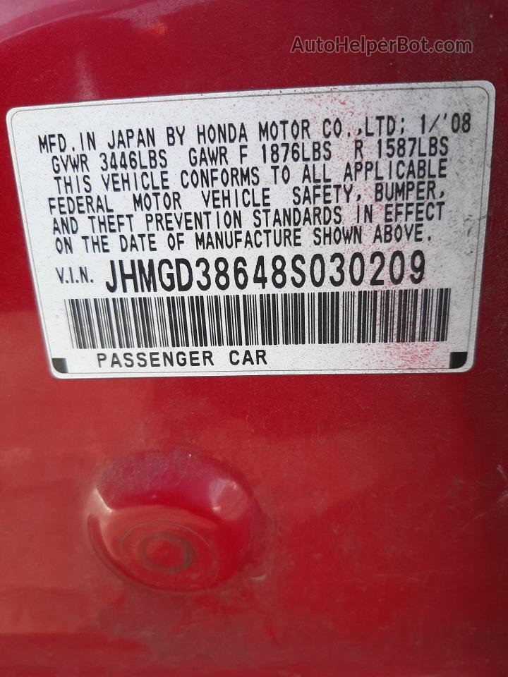 2008 Honda Fit Sport Красный vin: JHMGD38648S030209
