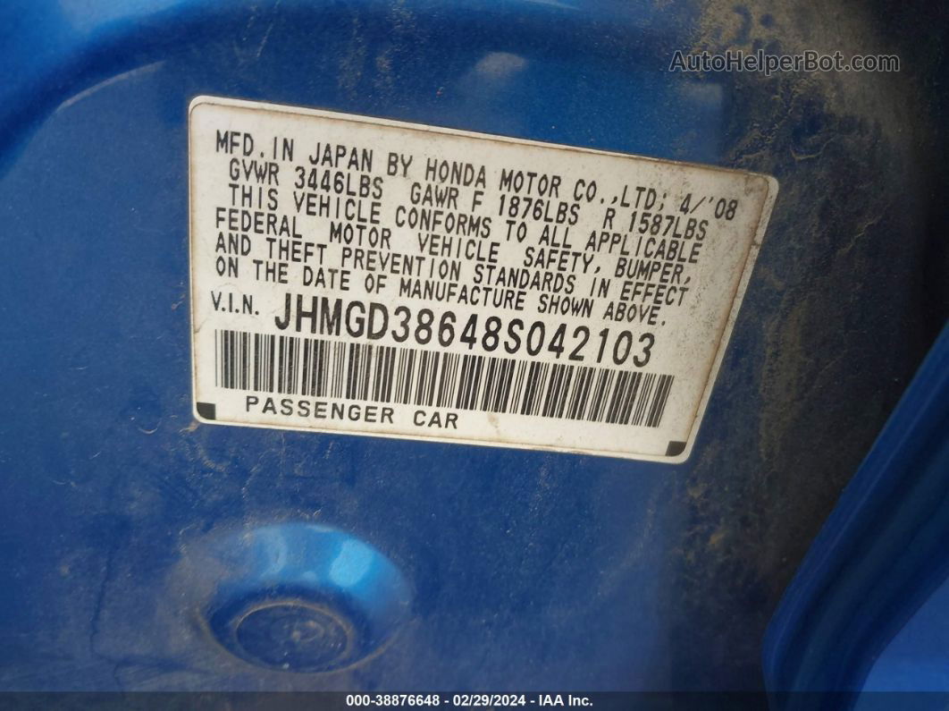 2008 Honda Fit Sport Blue vin: JHMGD38648S042103