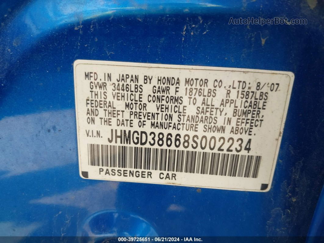 2008 Honda Fit Sport Blue vin: JHMGD38668S002234