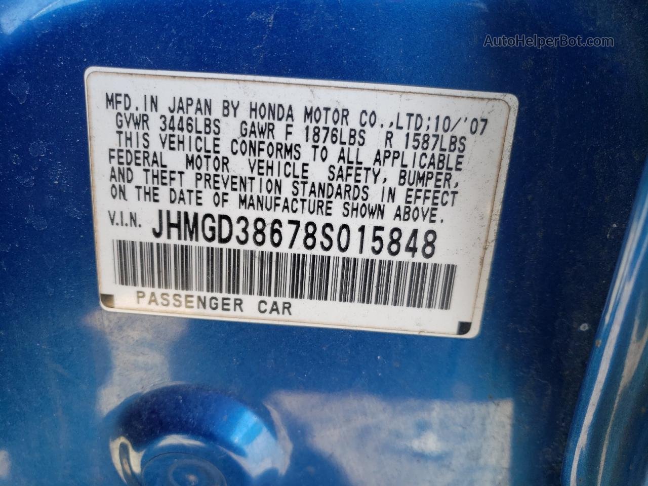 2008 Honda Fit Sport Blue vin: JHMGD38678S015848