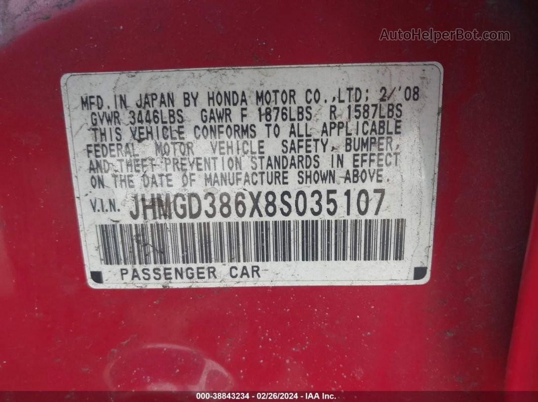 2008 Honda Fit Sport Red vin: JHMGD386X8S035107