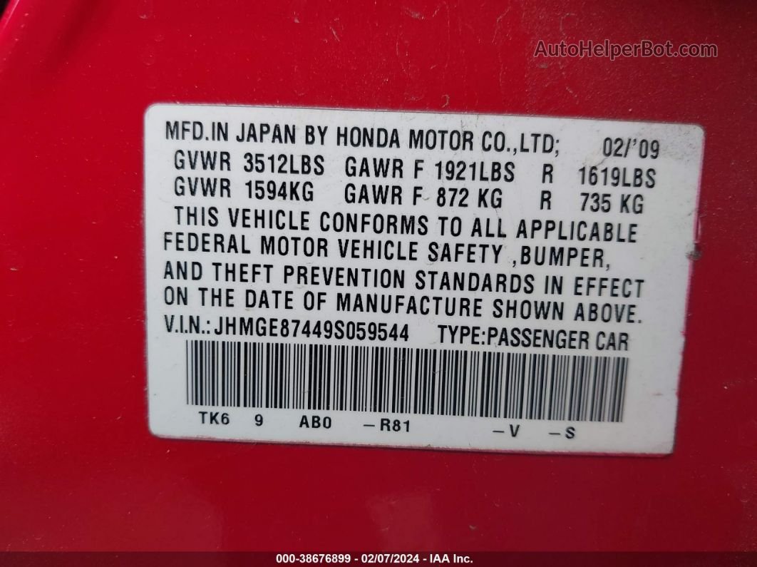 2009 Honda Fit Sport Red vin: JHMGE87449S059544