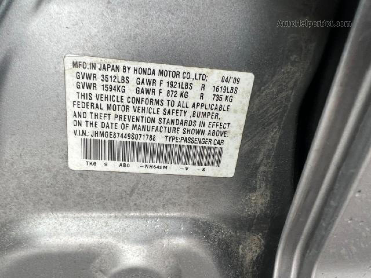 2009 Honda Fit Sport Gray vin: JHMGE87449S071788
