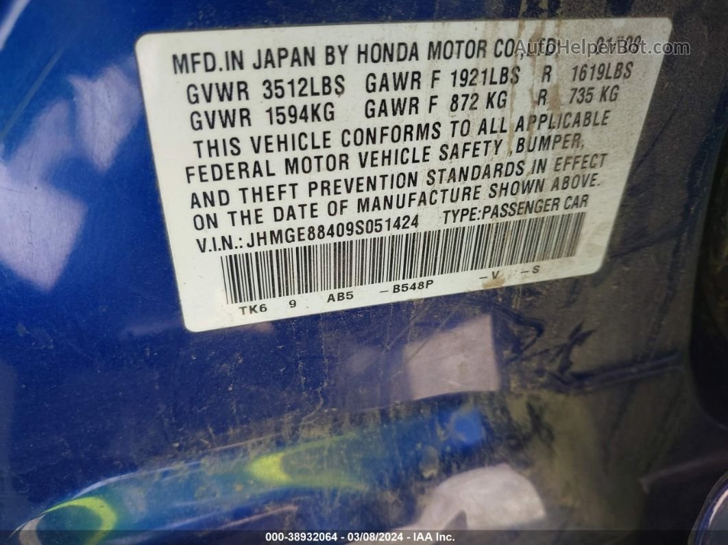 2009 Honda Fit Sport Blue vin: JHMGE88409S051424