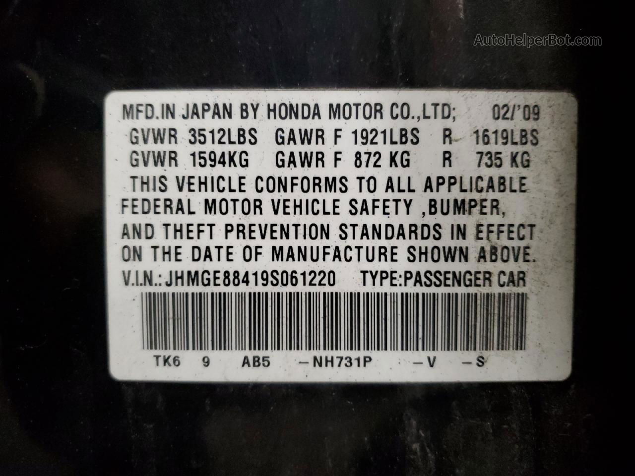 2009 Honda Fit Sport Black vin: JHMGE88419S061220