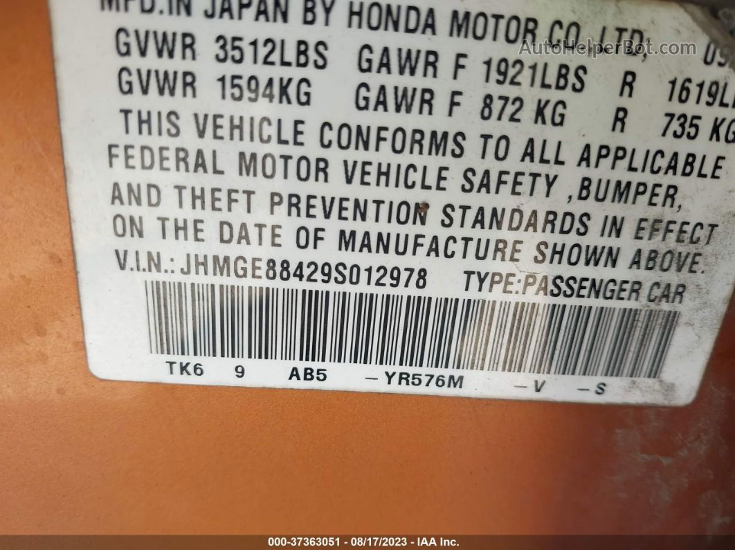 2009 Honda Fit Sport Orange vin: JHMGE88429S012978