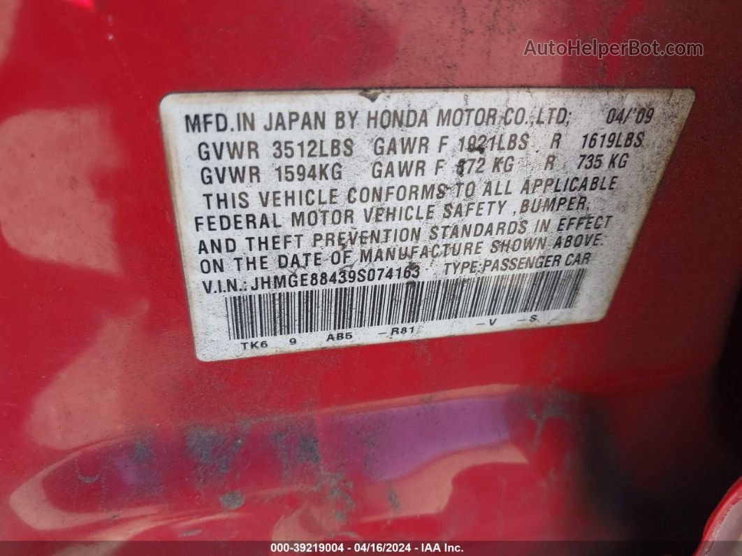 2009 Honda Fit Sport Red vin: JHMGE88439S074163