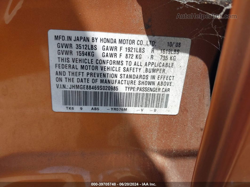 2009 Honda Fit Sport Orange vin: JHMGE88469S020985