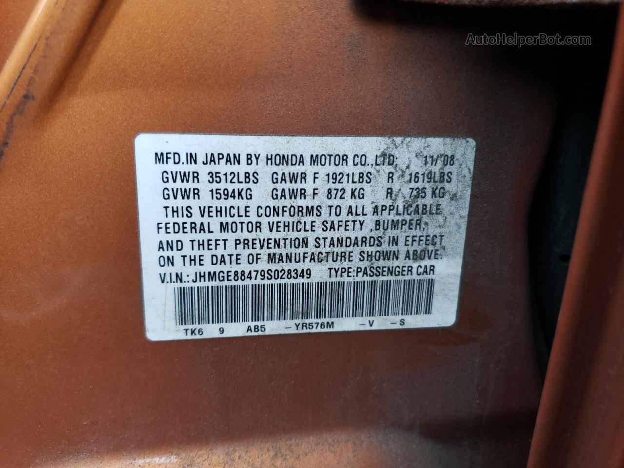 2009 Honda Fit Sport Orange vin: JHMGE88479S028349