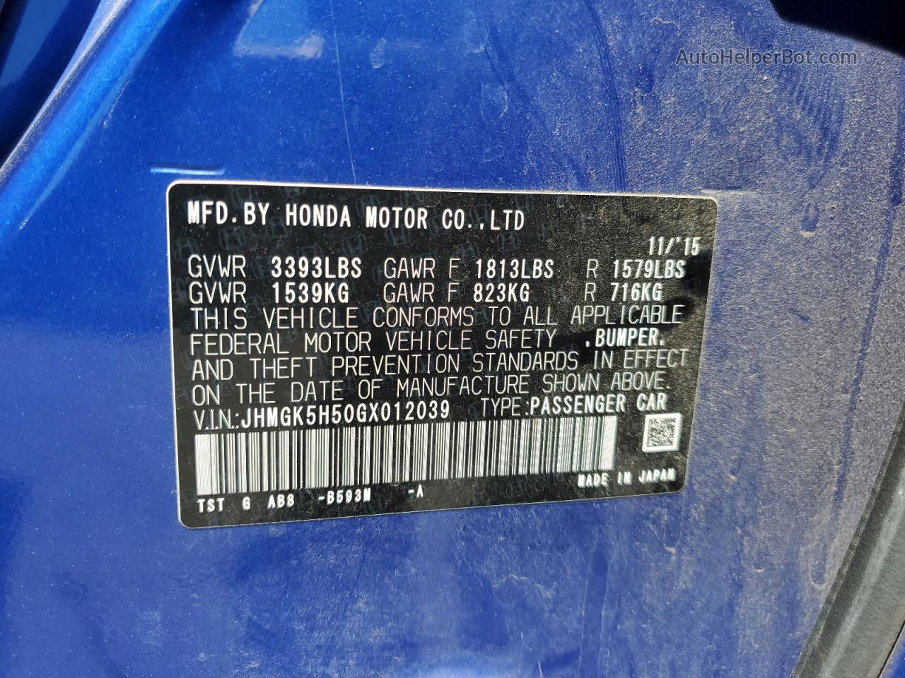 2016 Honda Fit Lx Blue vin: JHMGK5H50GX012039