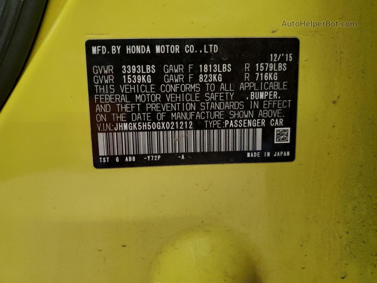 2016 Honda Fit Lx Yellow vin: JHMGK5H50GX021212