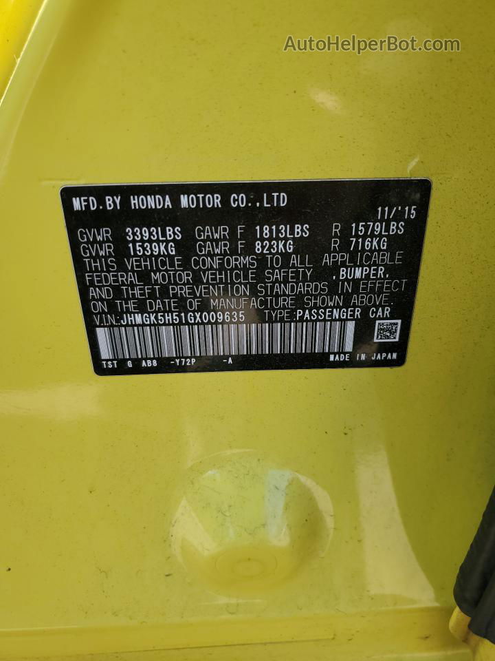 2016 Honda Fit Lx Yellow vin: JHMGK5H51GX009635