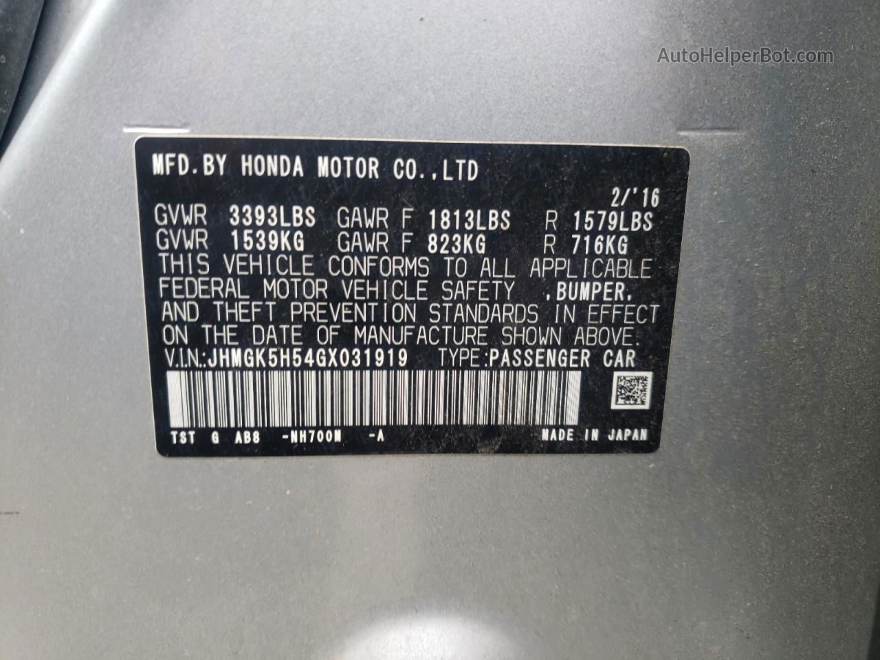 2016 Honda Fit Lx Silver vin: JHMGK5H54GX031919