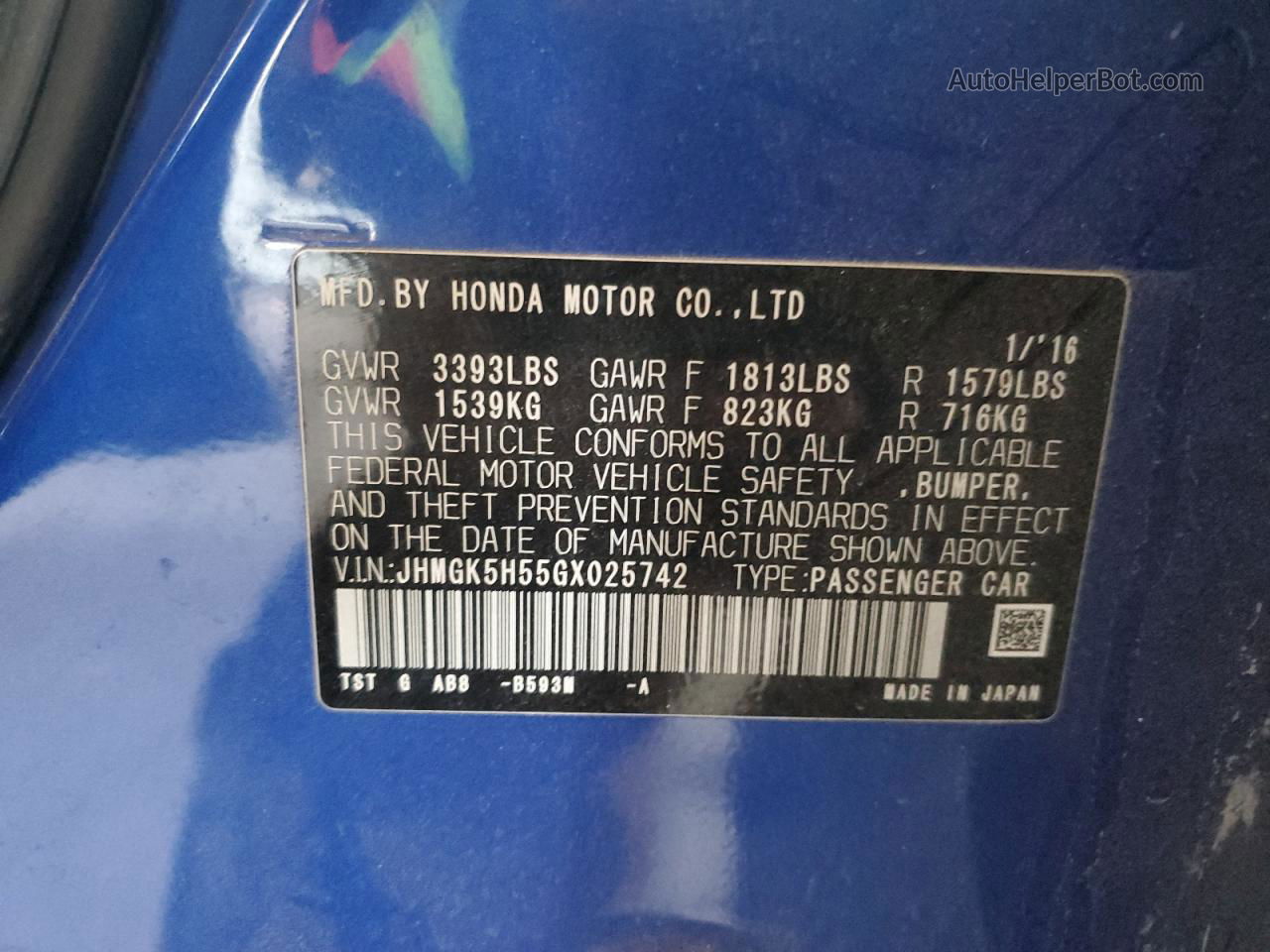 2016 Honda Fit Lx Blue vin: JHMGK5H55GX025742