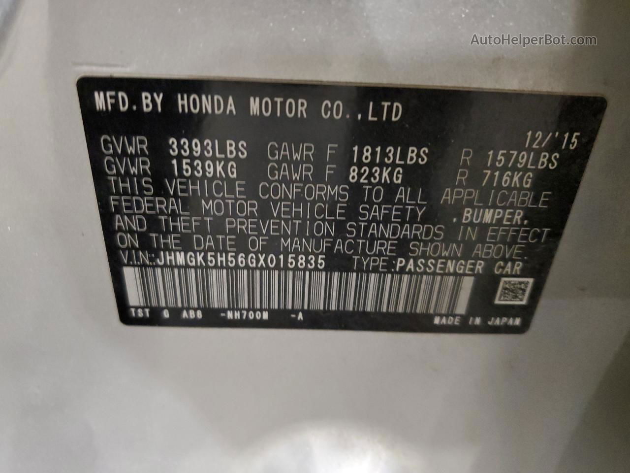 2016 Honda Fit Lx Silver vin: JHMGK5H56GX015835