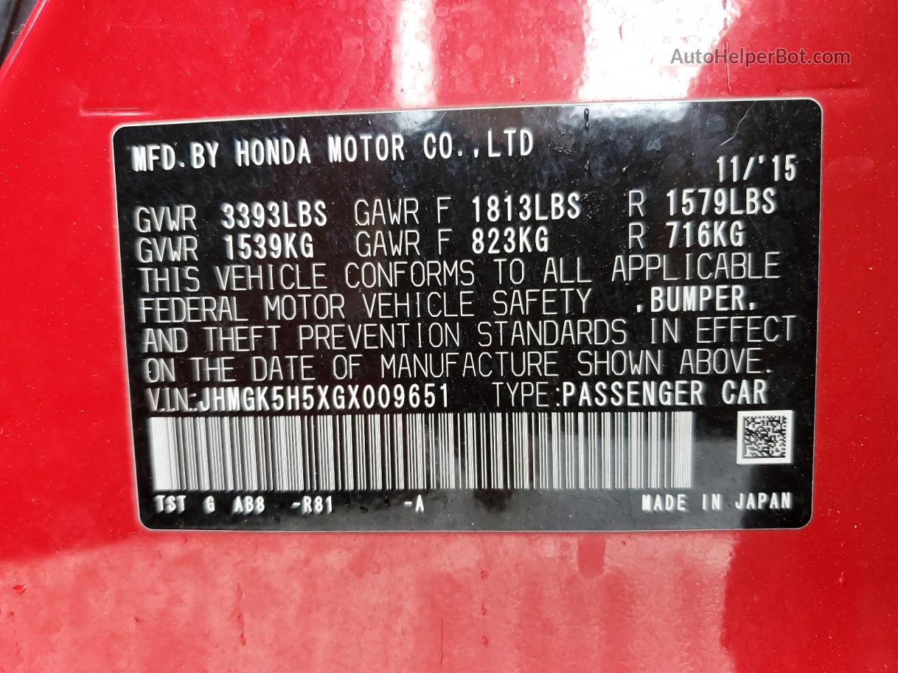 2016 Honda Fit Lx Red vin: JHMGK5H5XGX009651