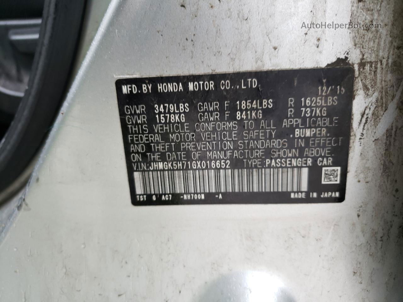 2016 Honda Fit Ex Silver vin: JHMGK5H71GX016652