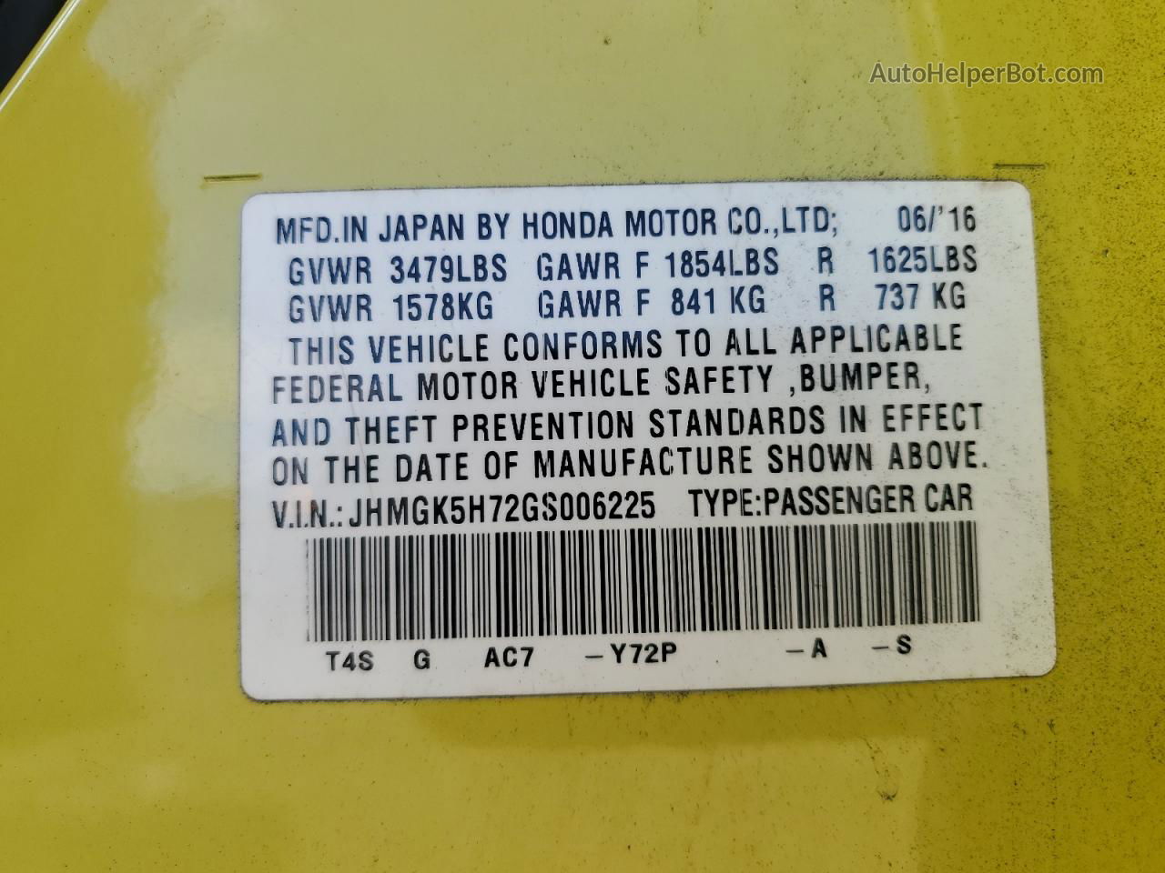 2016 Honda Fit Ex Yellow vin: JHMGK5H72GS006225