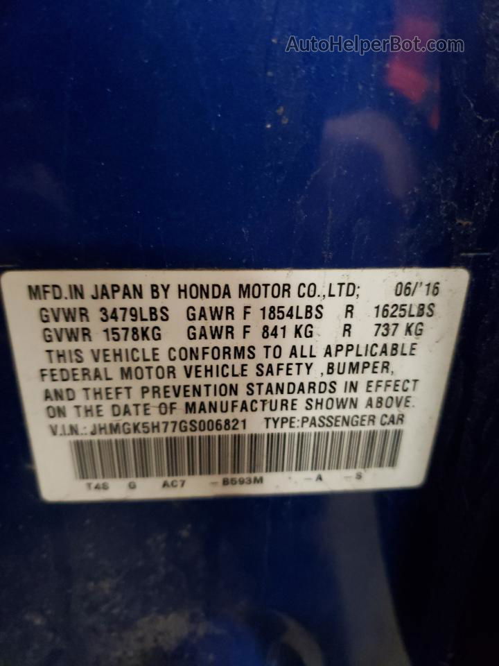 2016 Honda Fit Ex Blue vin: JHMGK5H77GS006821