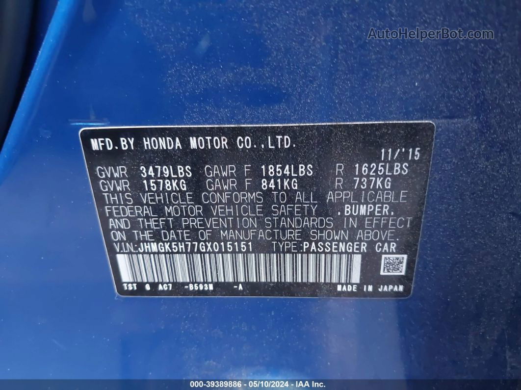 2016 Honda Fit Ex Blue vin: JHMGK5H77GX015151