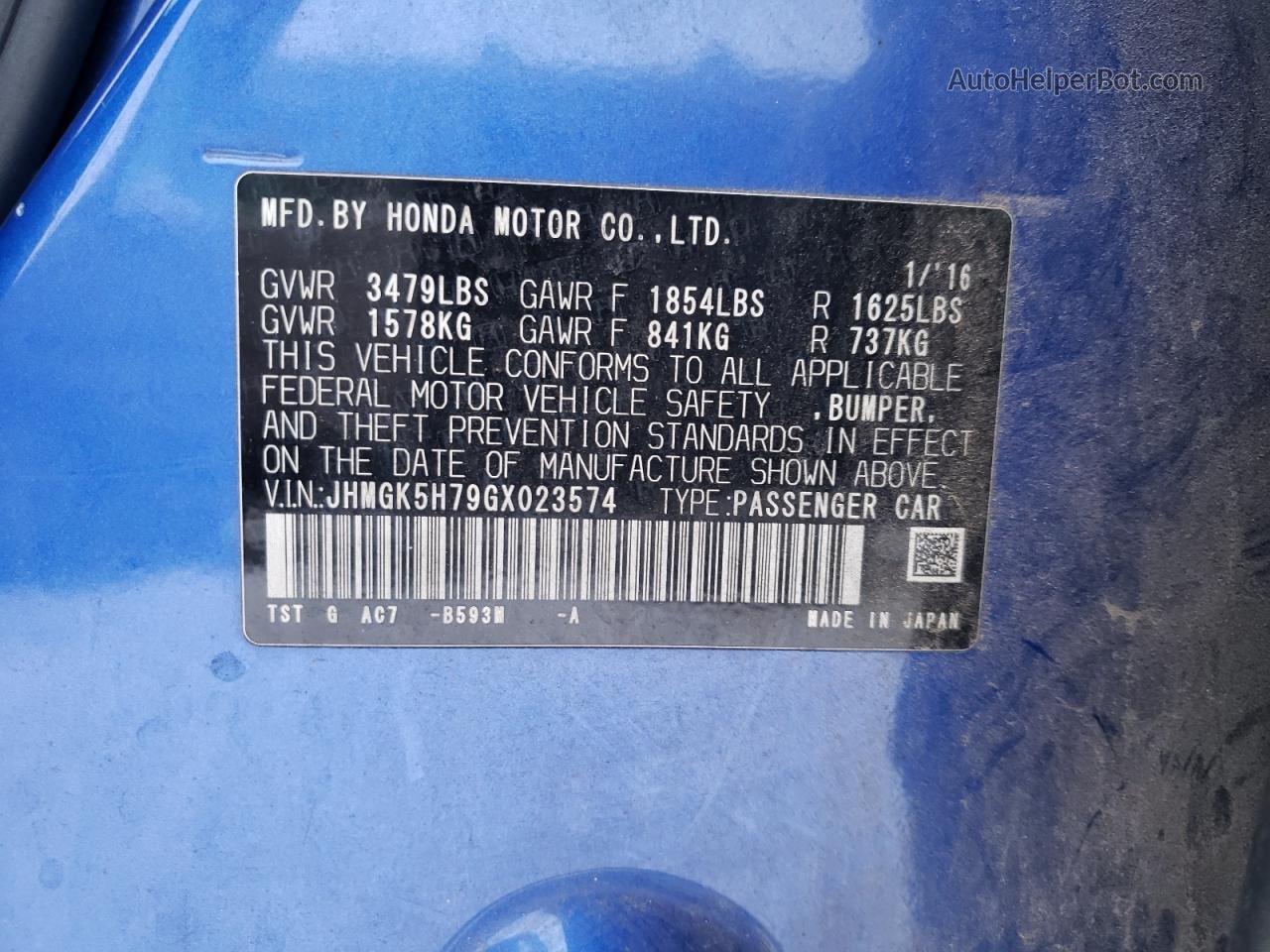 2016 Honda Fit Ex Синий vin: JHMGK5H79GX023574