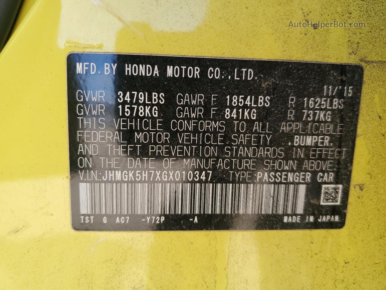 2016 Honda Fit Ex Yellow vin: JHMGK5H7XGX010347