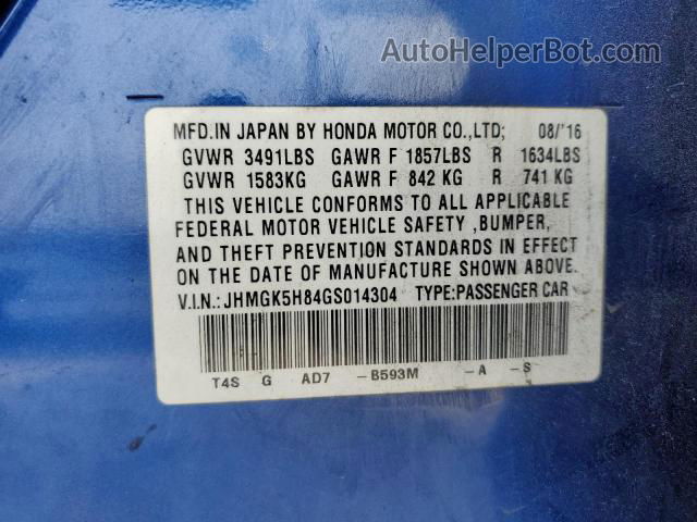 2016 Honda Fit Ex Blue vin: JHMGK5H84GS014304