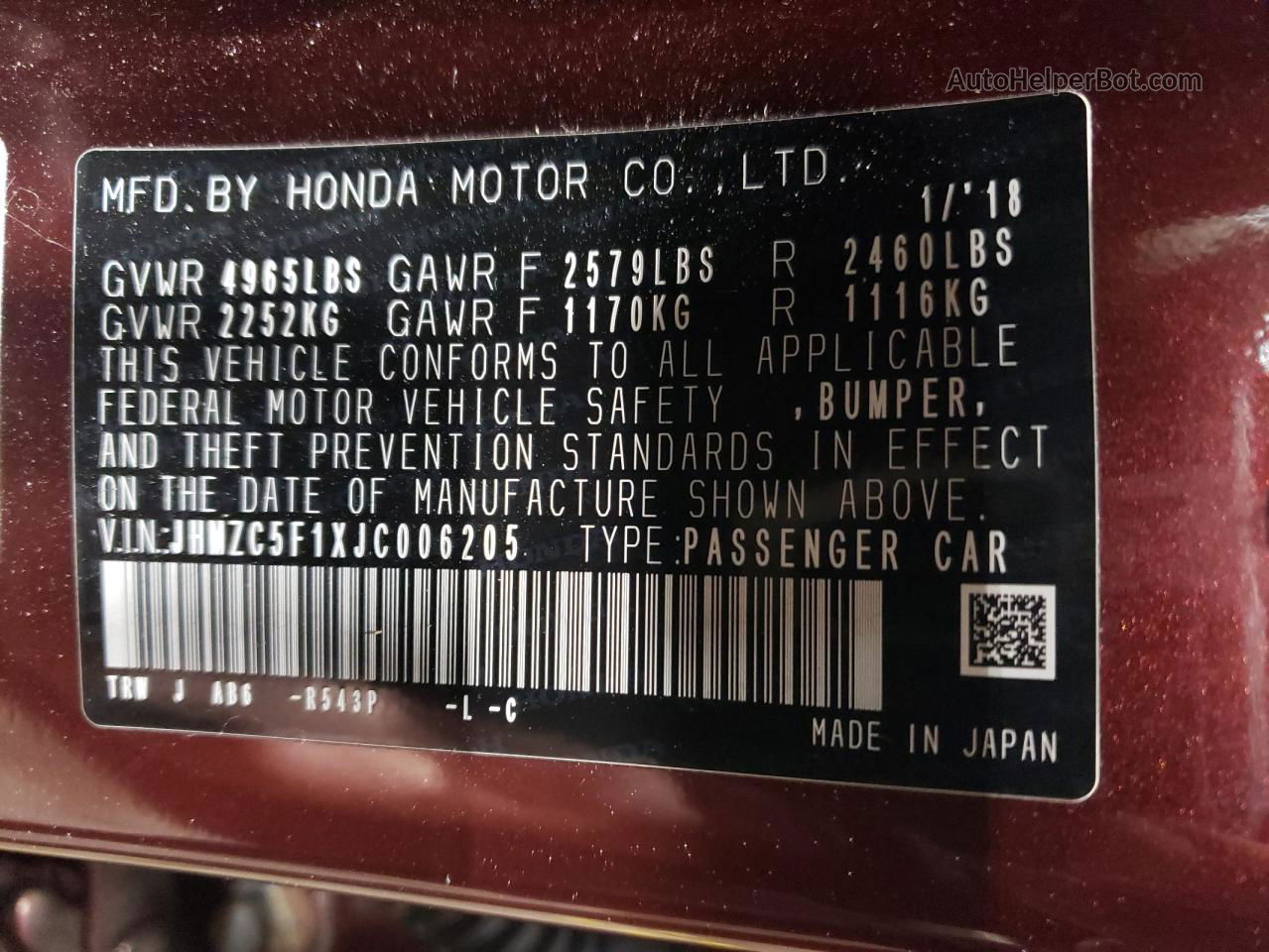 2018 Honda Clarity  Maroon vin: JHMZC5F1XJC006205