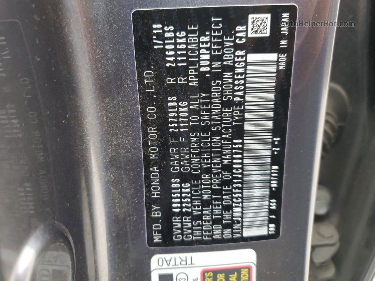 2018 Honda Clarity Touring Gray vin: JHMZC5F31JC006756