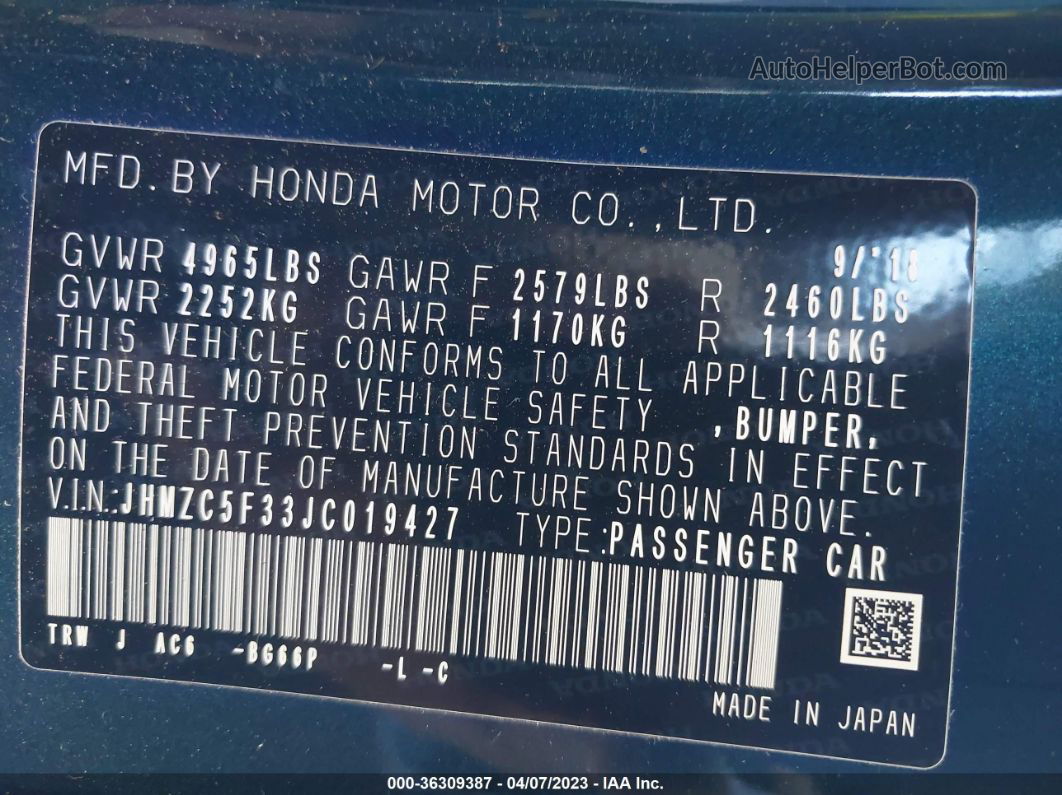 2018 Honda Clarity Plug-in Hybrid Touring Темно-синий vin: JHMZC5F33JC019427