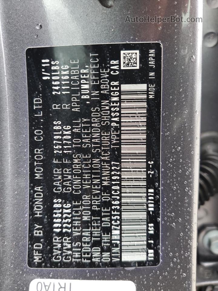 2018 Honda Clarity Touring Gray vin: JHMZC5F36JC019227