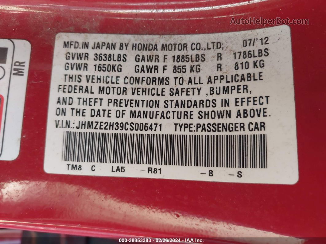 2012 Honda Insight   Red vin: JHMZE2H39CS006471