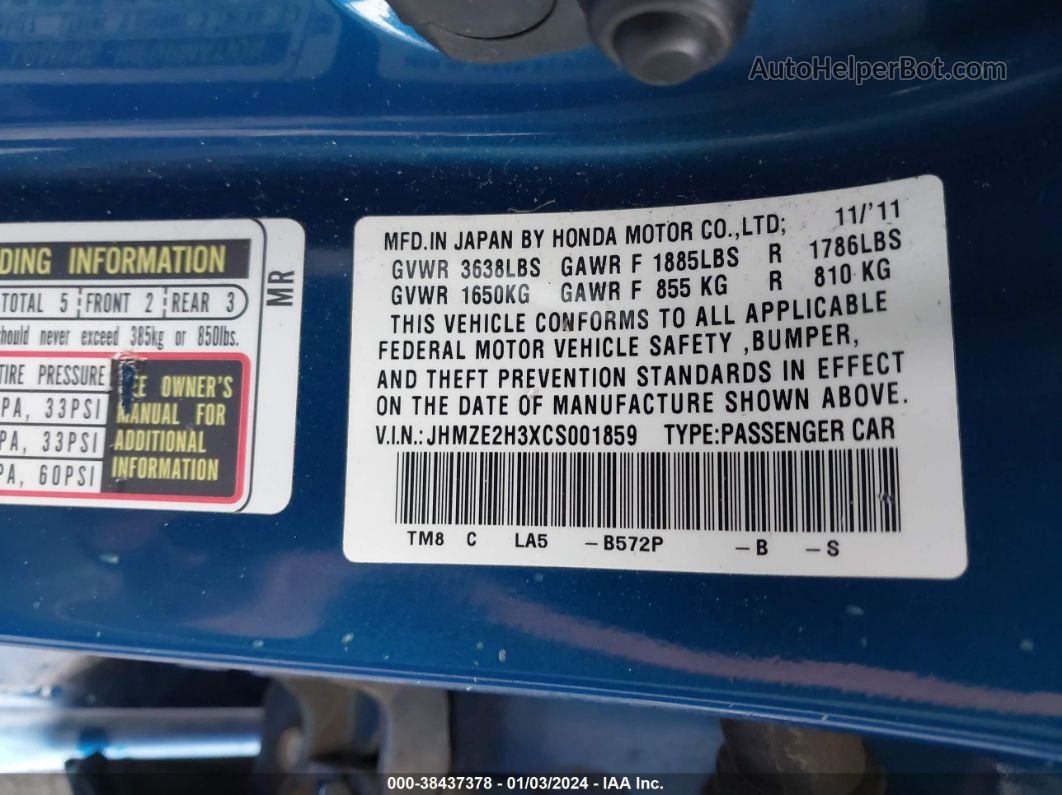 2012 Honda Insight   Blue vin: JHMZE2H3XCS001859