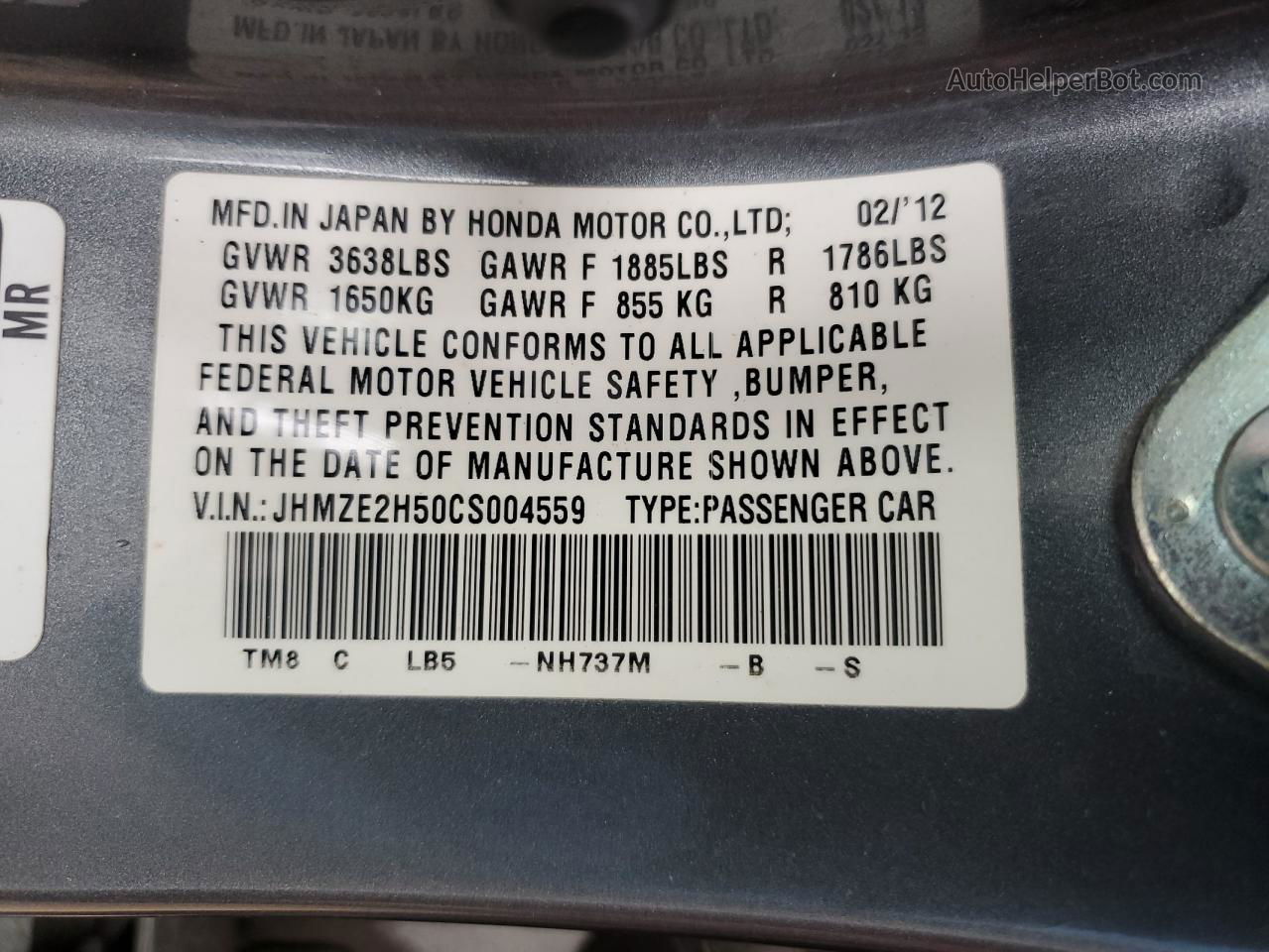 2012 Honda Insight Lx Gray vin: JHMZE2H50CS004559