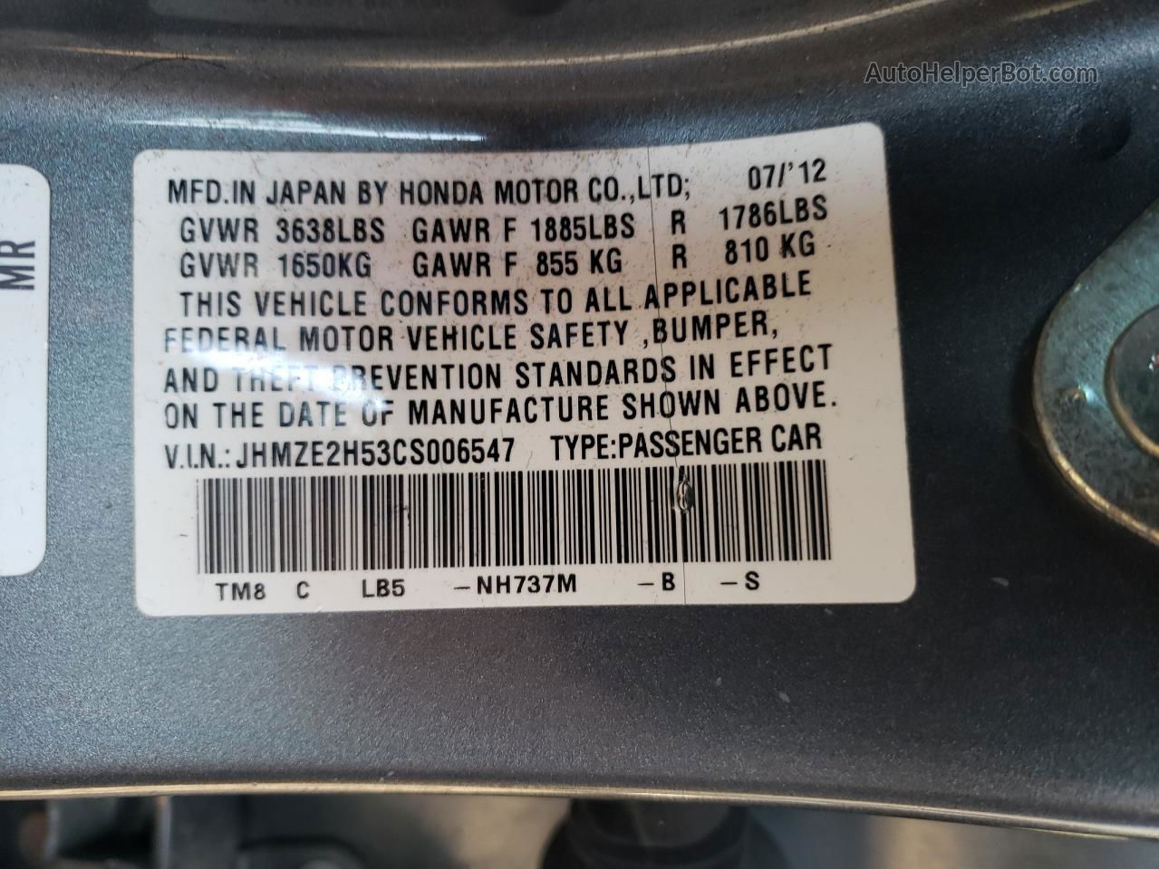 2012 Honda Insight Lx Gray vin: JHMZE2H53CS006547