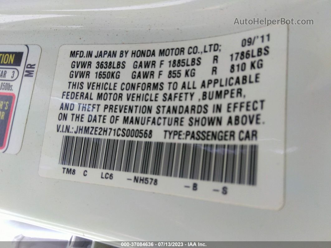 2012 Honda Insight Ex White vin: JHMZE2H71CS000568