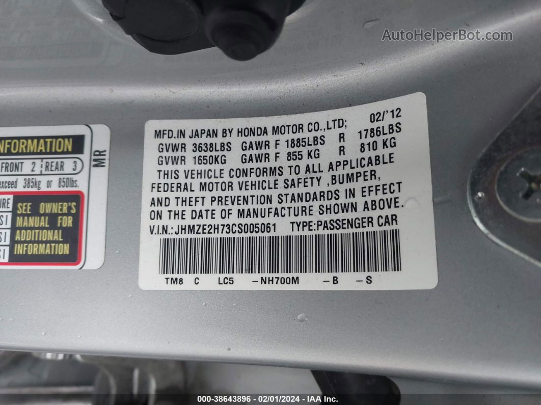 2012 Honda Insight Ex Silver vin: JHMZE2H73CS005061