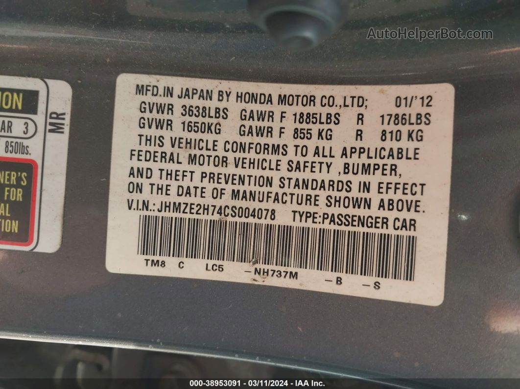 2012 Honda Insight Ex Gray vin: JHMZE2H74CS004078