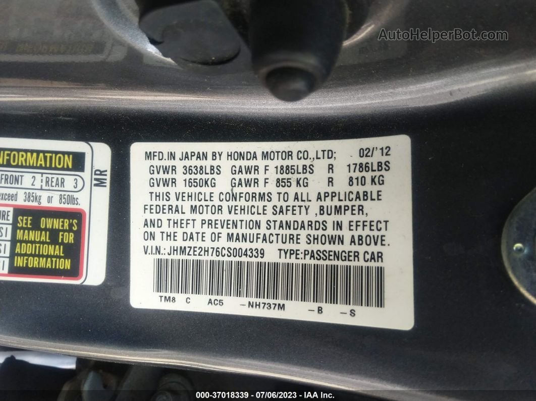2012 Honda Insight Ex Серый vin: JHMZE2H76CS004339