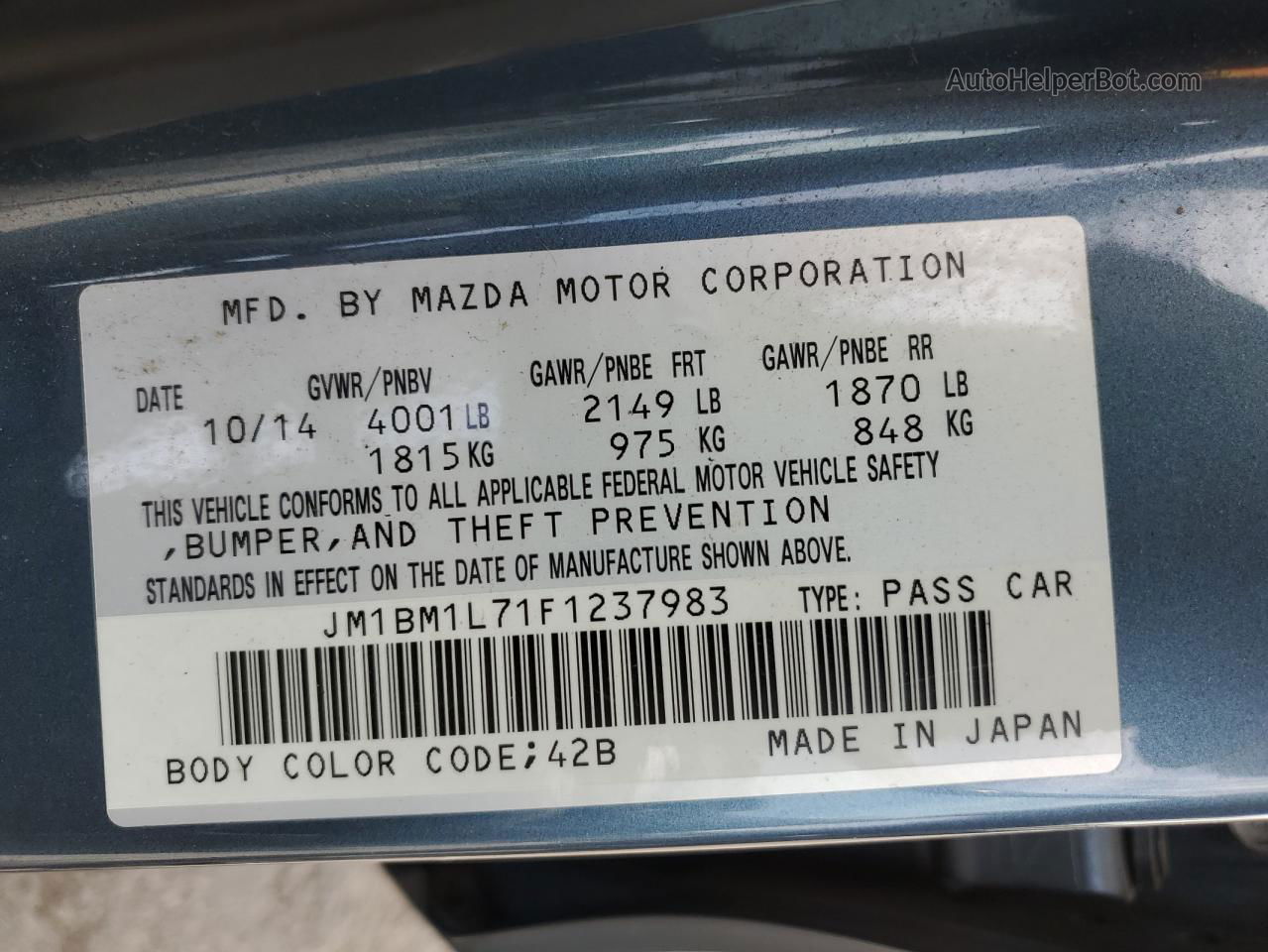 2015 Mazda 3 Touring Blue vin: JM1BM1L71F1237983