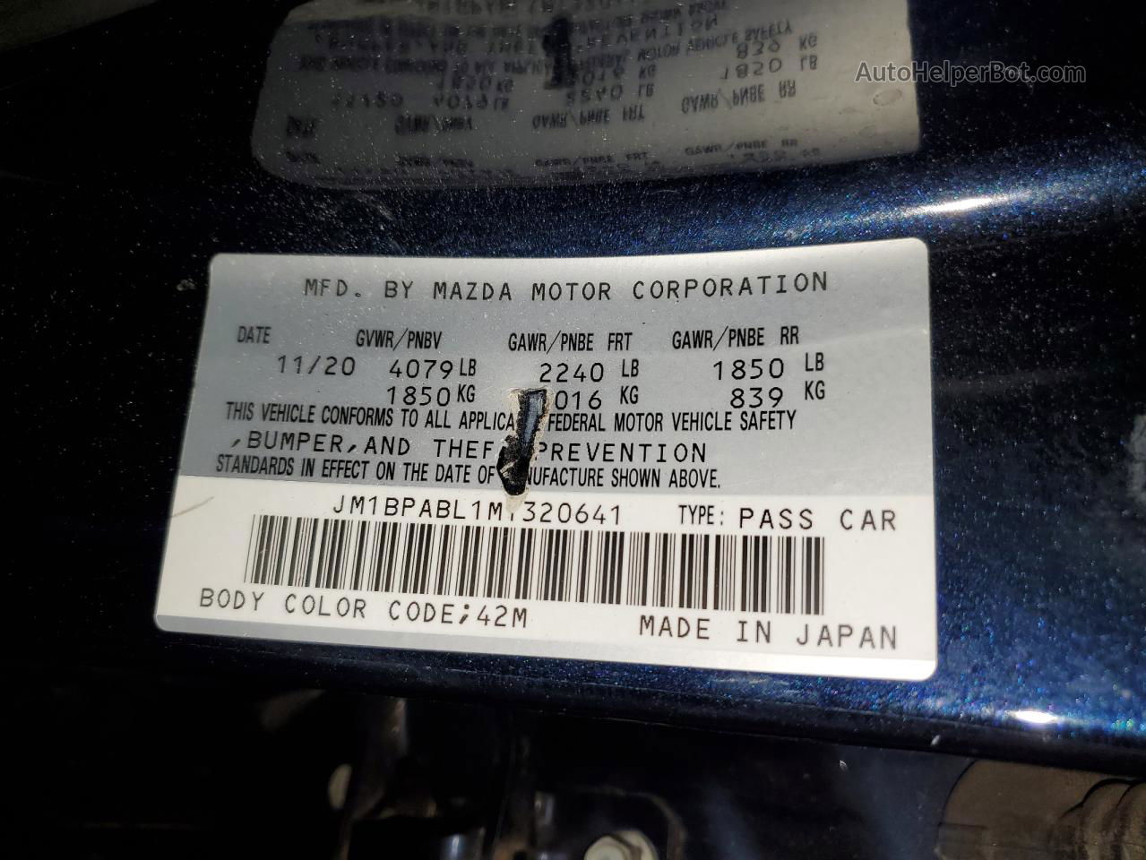 2021 Mazda 3 Select Blue vin: JM1BPABL1M1320641