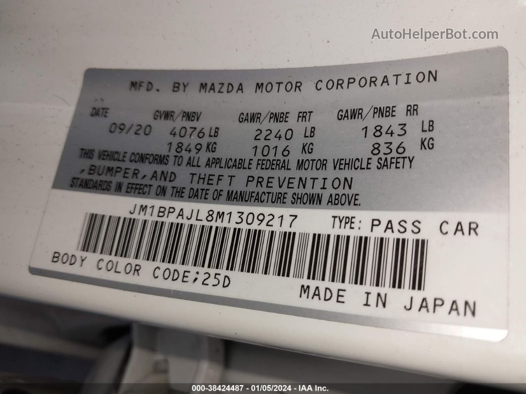 2021 Mazda Mazda3 2.5 S White vin: JM1BPAJL8M1309217