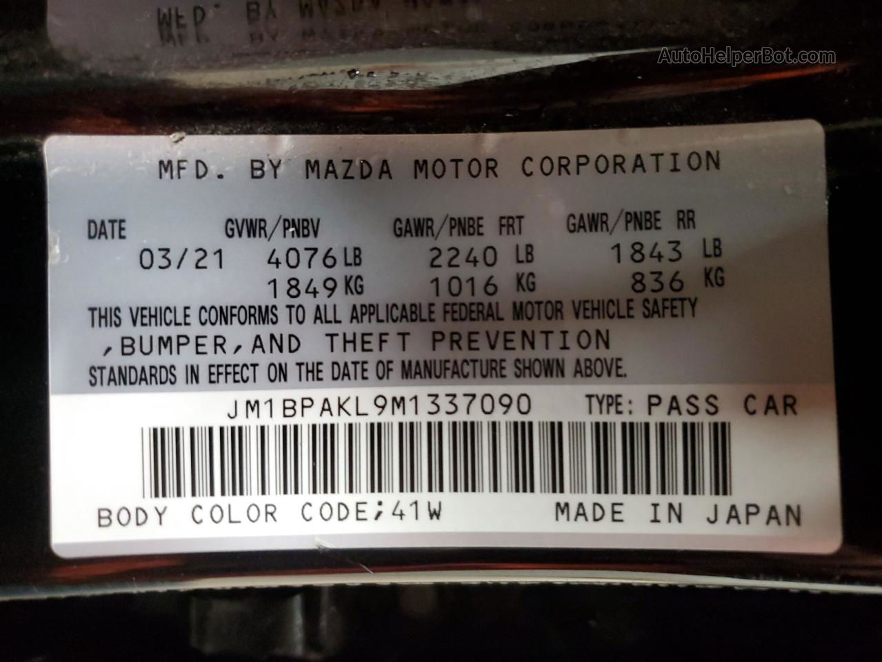 2021 Mazda 3 Select Black vin: JM1BPAKL9M1337090