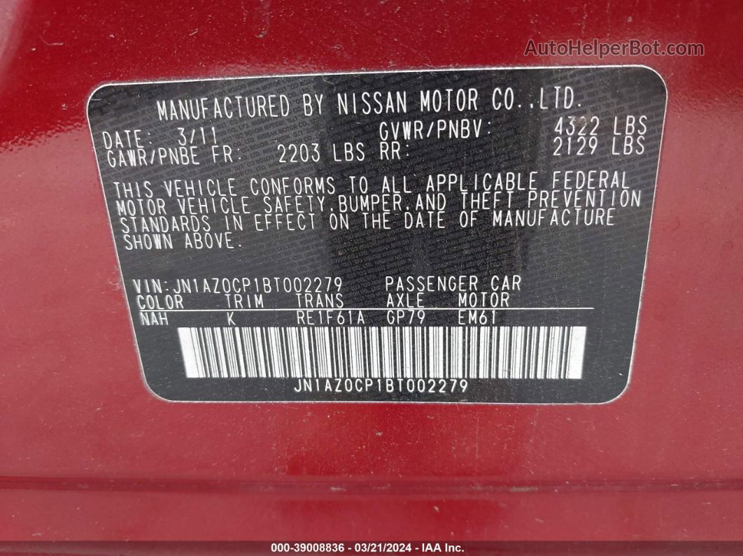 2011 Nissan Leaf Sl Red vin: JN1AZ0CP1BT002279